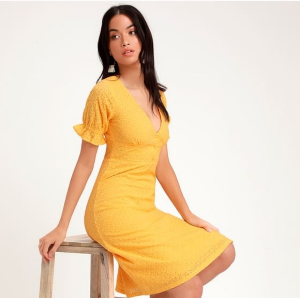 Sunny Yellow Eyelet Midi Dress